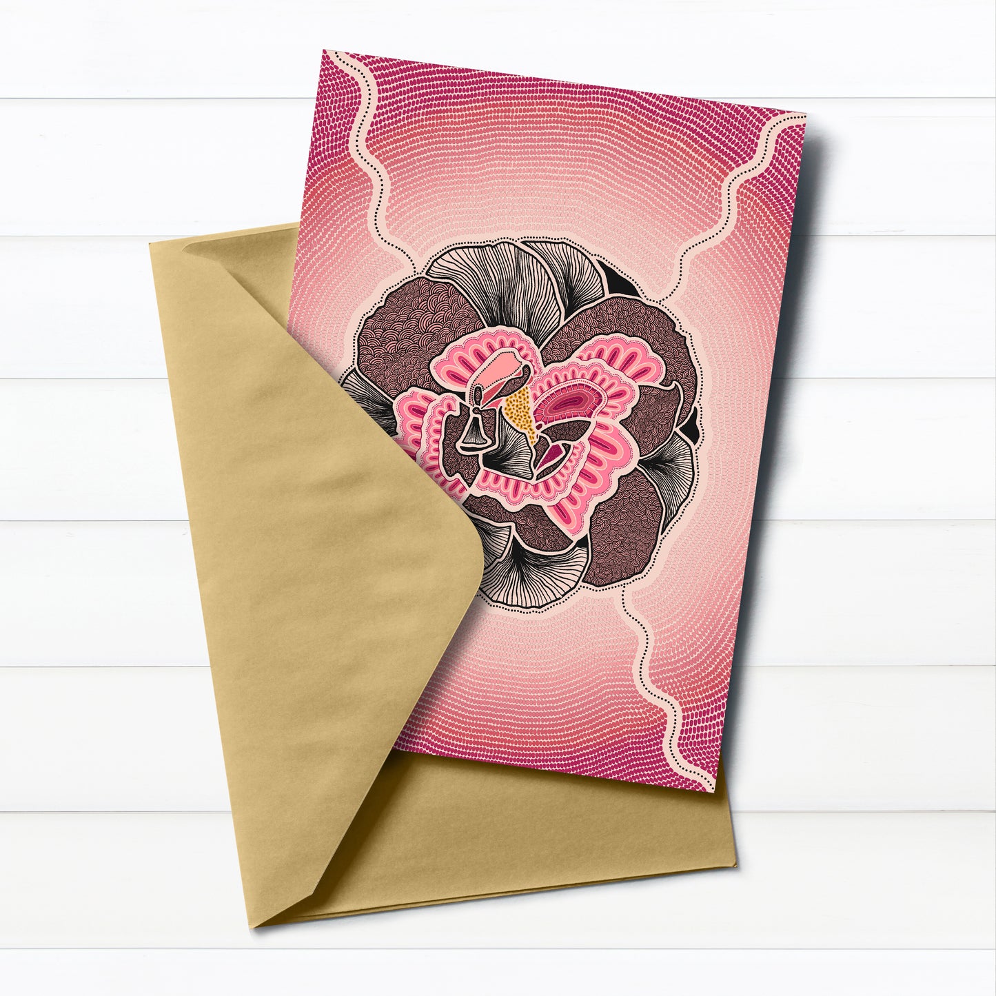 Indigico A6 Eco-friendly Aboriginal Art Greeting Card with Envelope - 'Cangai Rose: BIRTH' artwork by Amy Allerton