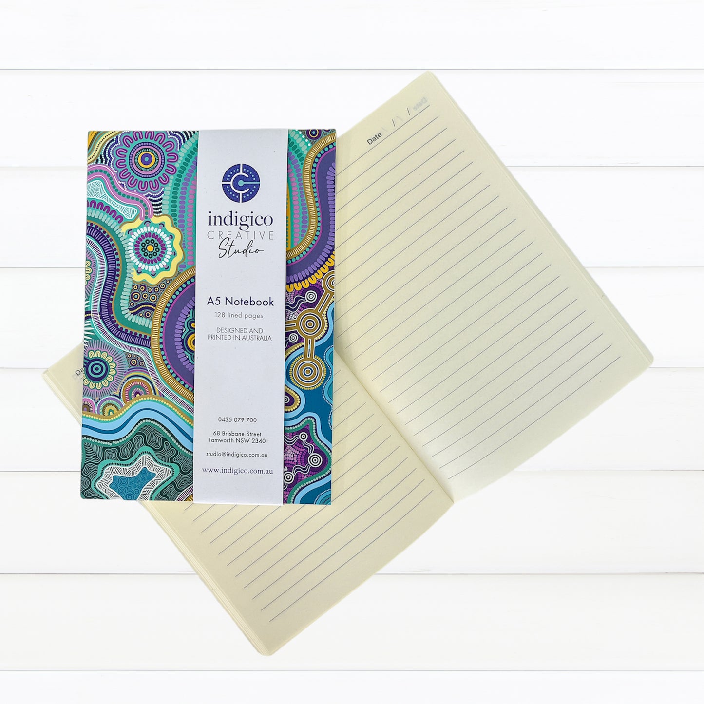 Indigico Aboriginal Art A5 Notebook - 128 lined pages - 'Guwaabal' artwork by Amy Allerton
