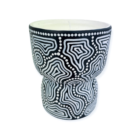 Hand painted ceramic unscented candle by Aboriginal artist, Amy Allerton | Indigico Creative Studio