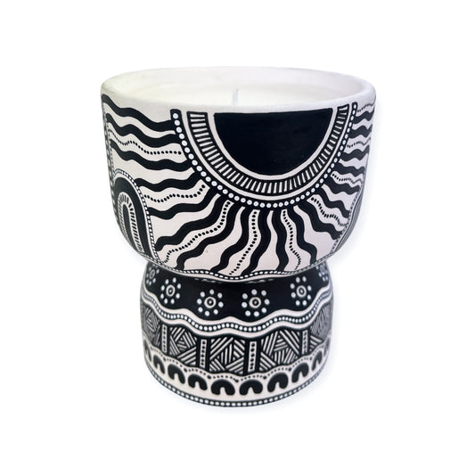 Hand painted ceramic unscented candle by Aboriginal artist, Amy Allerton | Indigico Creative Studio
