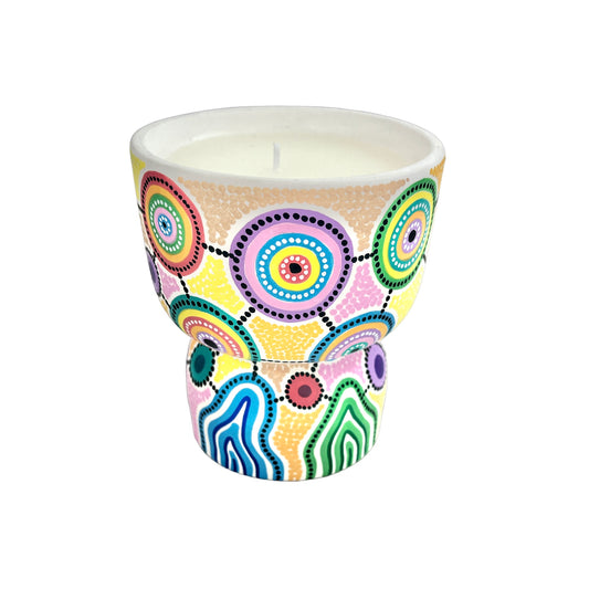 Hand painted ceramic unscented candle by Aboriginal artist, Amy Allerton | Indigico Creative Studio