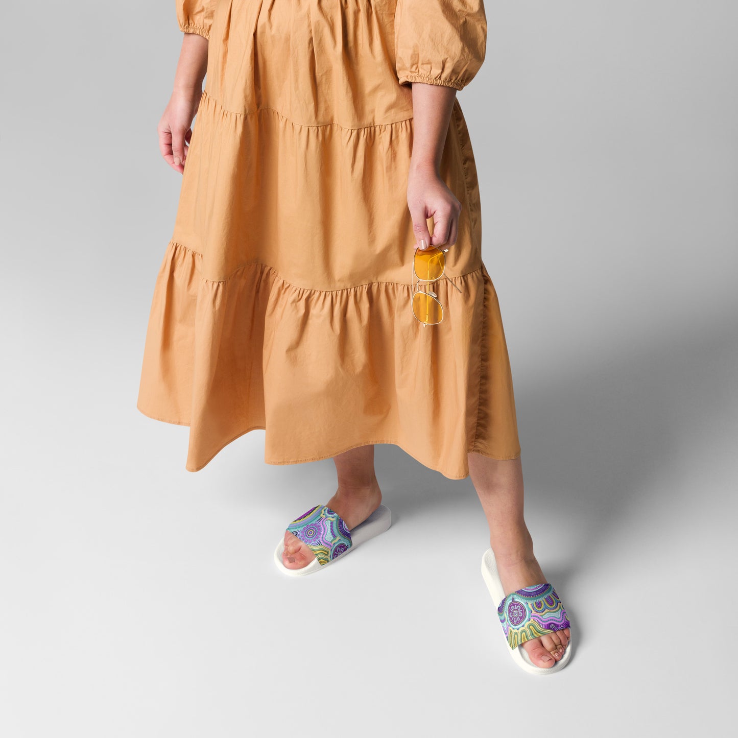 Indigico Aboriginal Art Women's slides - 'Guwaabal' print, White sole