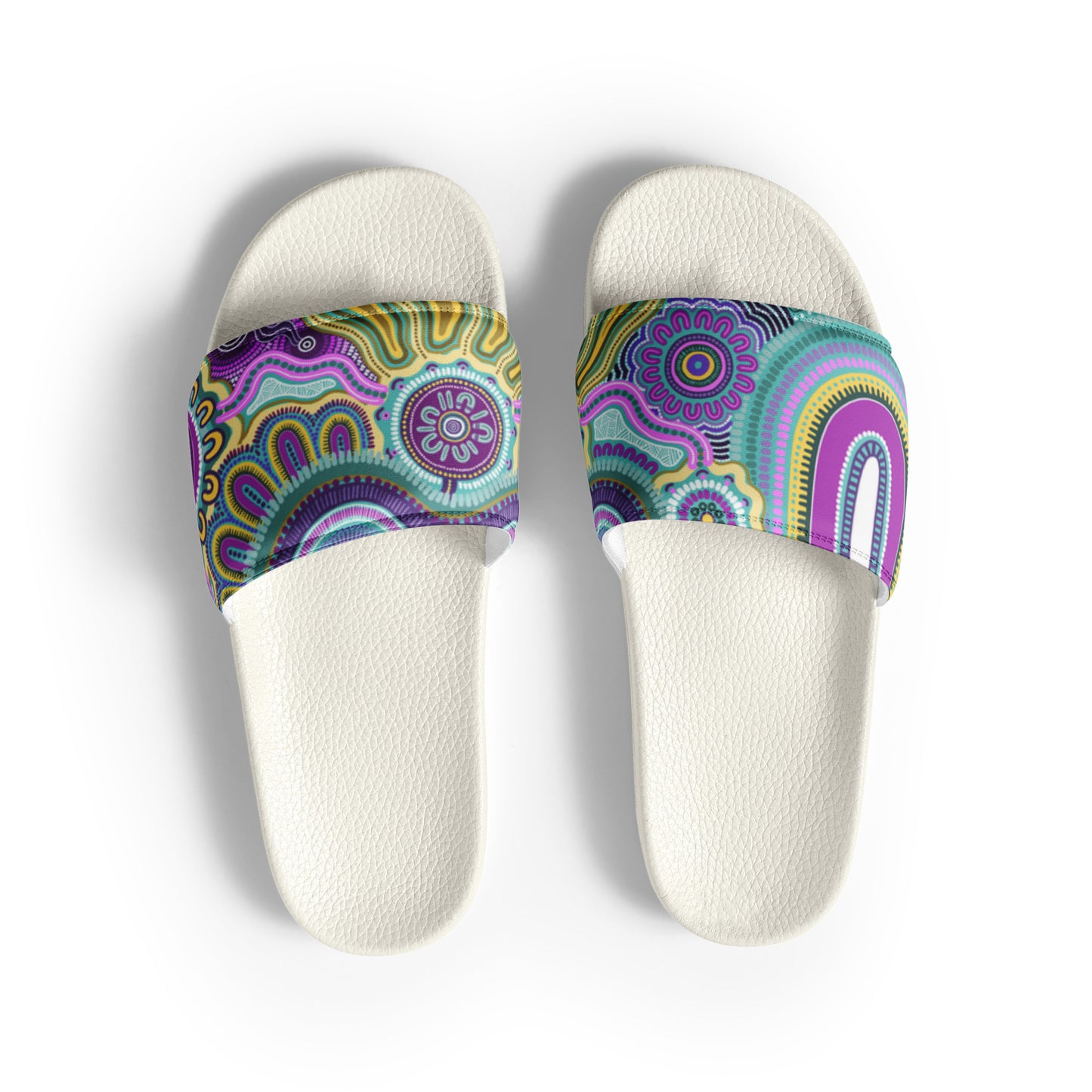 Indigico Aboriginal Art Women's slides - 'Guwaabal' print, White sole