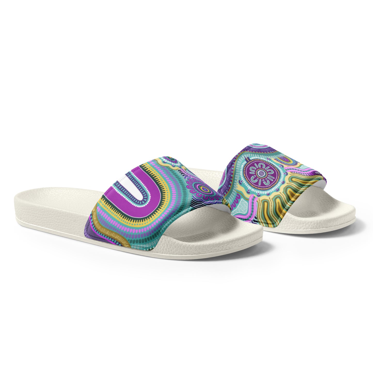 Indigico Aboriginal Art Women's slides - 'Guwaabal' print, White sole