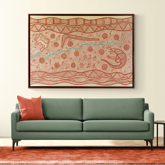'Ngurrambaa' original canvas artwork by Aboriginal artist, Kayleb Waters-Sampson | Indigico Creative Studio