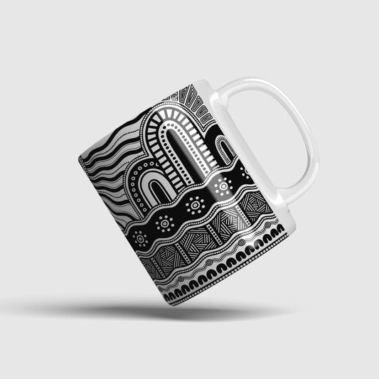 Ceramic Coffee Mug printed with the 'New Dawn' artwork by Aboriginal Artist, Amy Allerton | Indigico Creative Studio