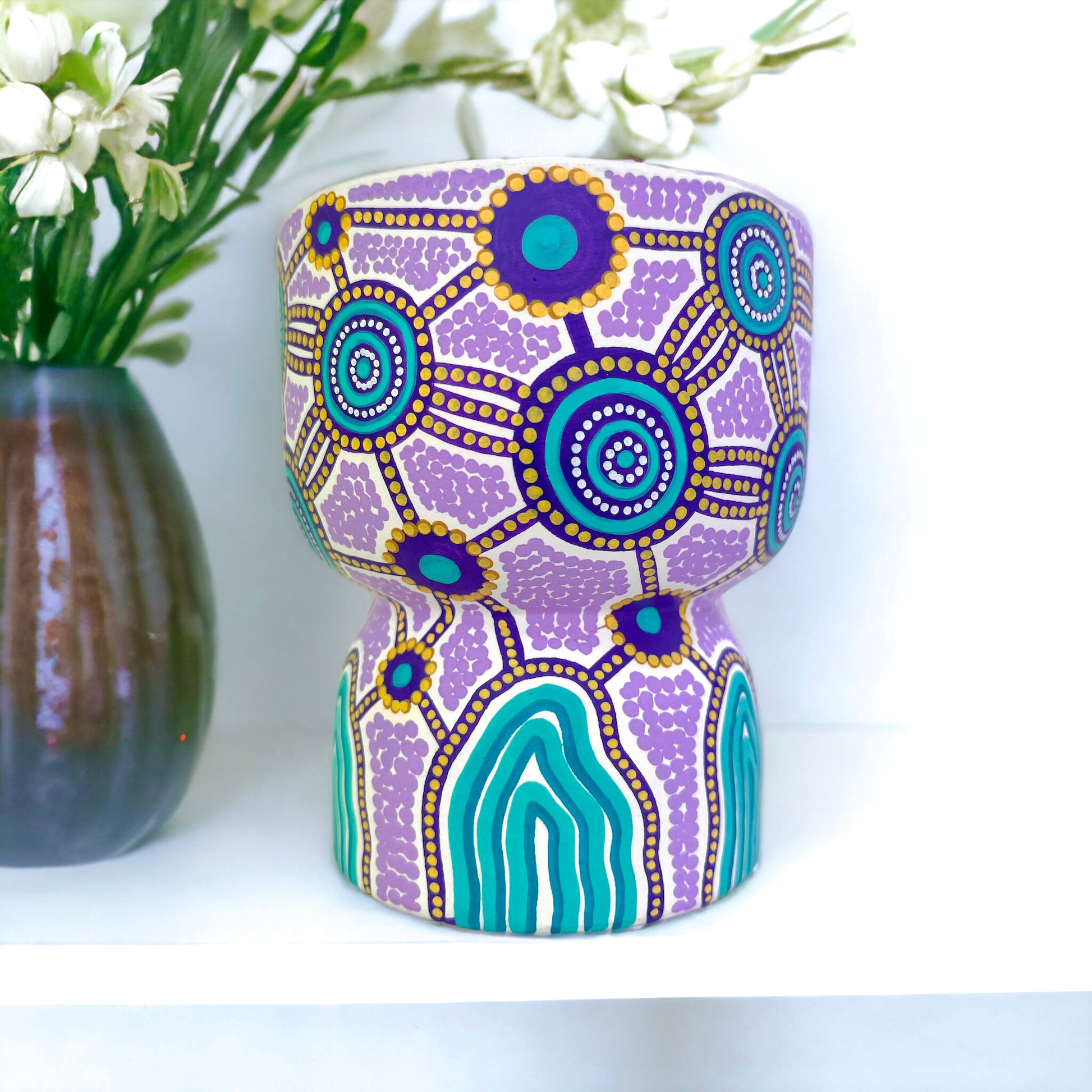 Hand painted ceramic unscented candle by Aboriginal artist, Amy Allerton | Indigico Creative Studio