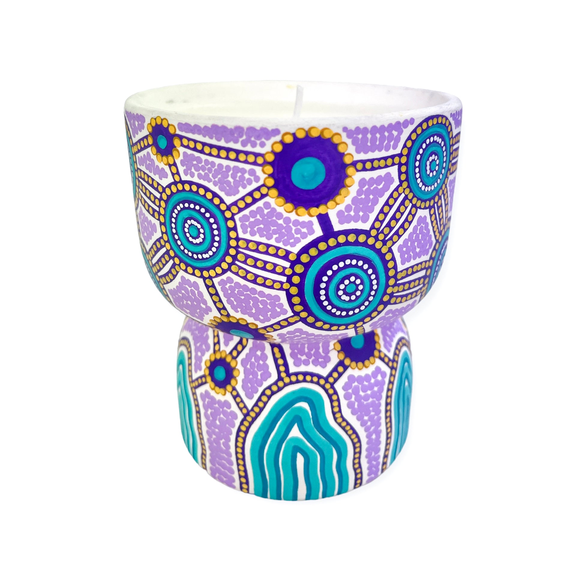 Hand painted ceramic unscented candle by Aboriginal artist, Amy Allerton | Indigico Creative Studio
