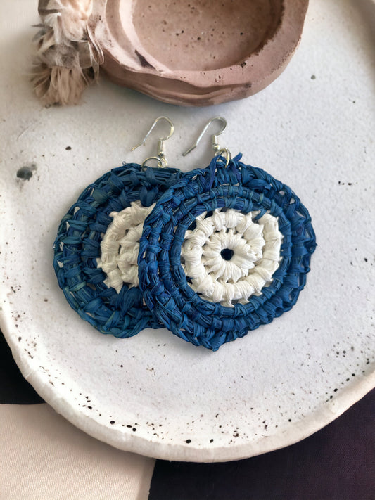 Woven Raffia Large Blue and White Coil Earrings by Aboriginal weaver, Krystle Lamb from Miriidhuul Creations | Indigico Creative Studio