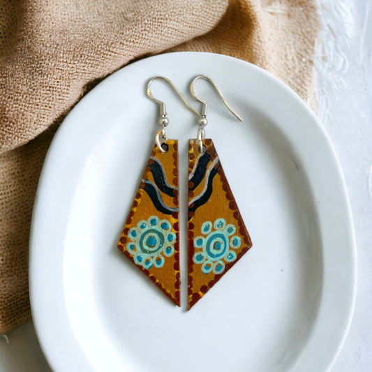 Hand painted Timber Geometric Dangle Earrings by Aboriginal artist, Krystle Lamb from Miriidhuul Creations | Indigico Creative Studio