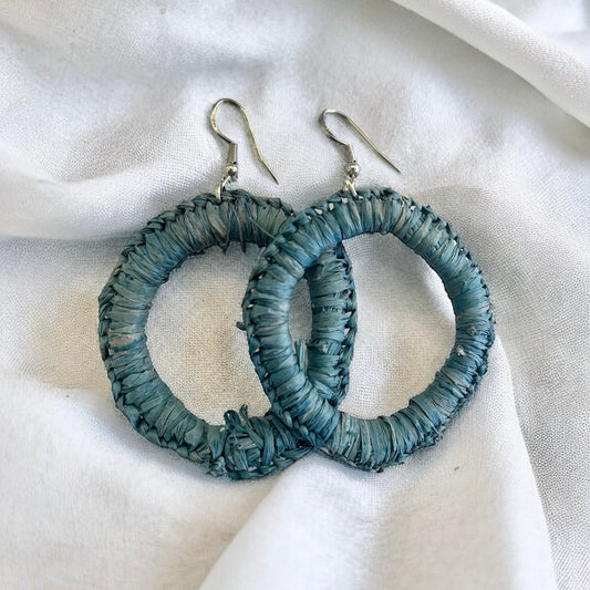 Woven Raffia Rustic Blue Hoop Earrings by Aboriginal weaver, Krystle Lamb from Miriidhuul Creations | Indigico Creative Studio