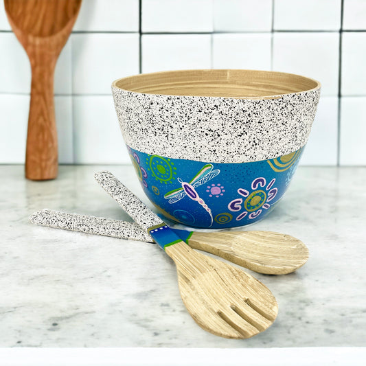 Bamboo Salad Bowl and Serving Spoons Set featuring hand painted Aboriginal art by Audrey Fogg from Lil Aud's Aboriginal Art | Indigico Creative Studio