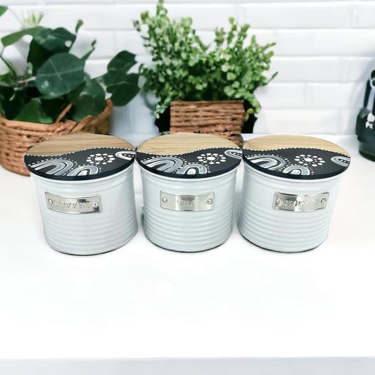 Coffee, Tea and Sugar Canister Set featuring hand painted Aboriginal art by Audrey Fogg from Lil Aud's Aboriginal Art | Indigico Creative Studio