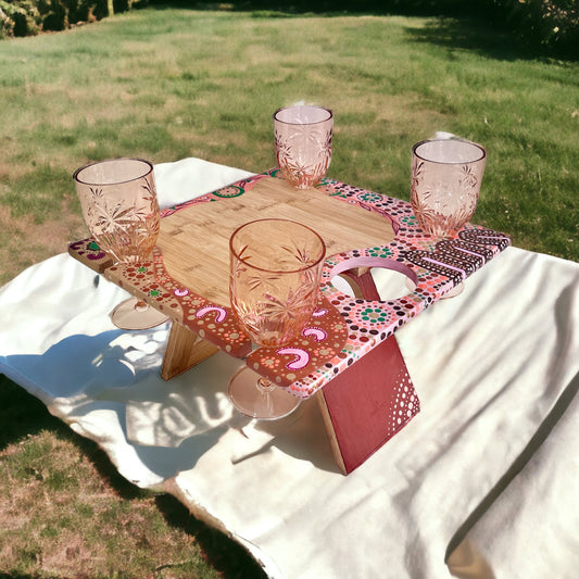 Wooden Picnic Table and Acrylic Wine Glass Set featuring hand painted Aboriginal art by Audrey Fogg from Lil Aud's Aboriginal Art | Indigico Creative Studio