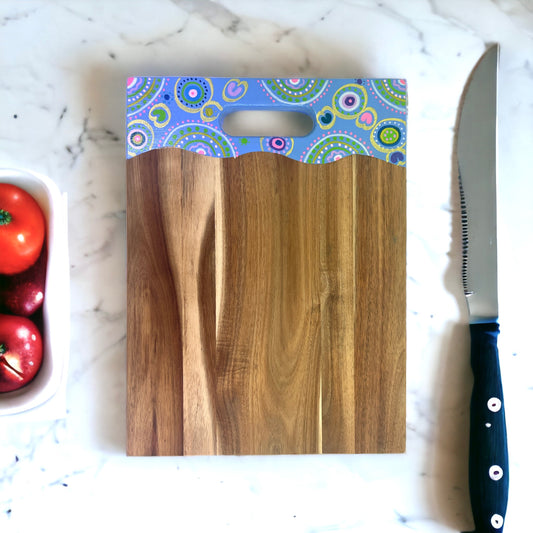 Wooden Rectangle Chopping Board featuring hand painted Aboriginal art by Audrey Fogg from Lil Aud's Aboriginal Art | Indigico Creative Studio